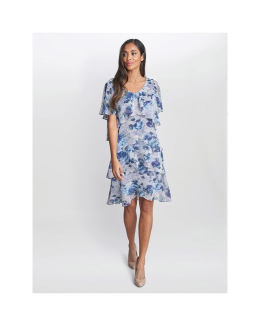 Gina Bacconi Blue Bridget Printed Tiered Dress With Trim