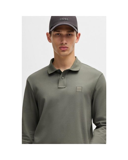 Boss Gray Passerby Premium Cotton Long Sleeve Polo Shirt With Logo Detail for men