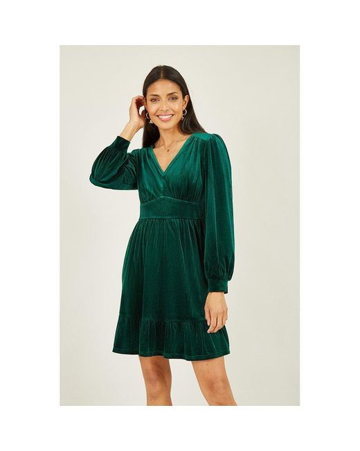 Mela London Green Velvet Long Sleeve Skater Dress