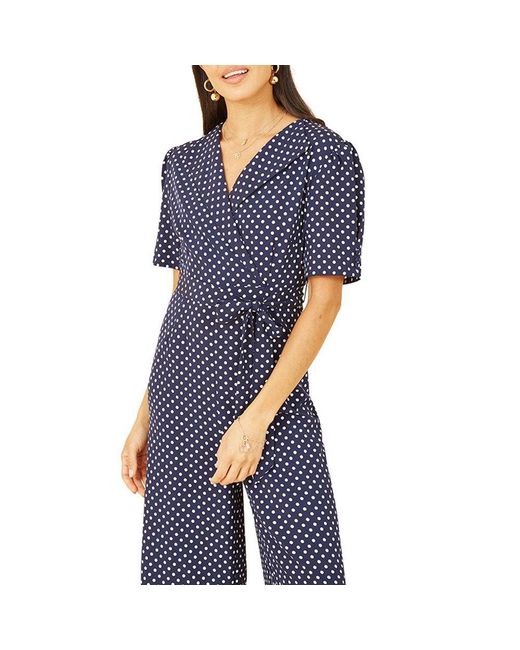 Yumi' Blue Spot Print Retro Culotte Jumpsuit