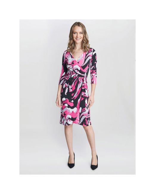 Gina Bacconi Purple Anabelle Printed Jersey Ruffle Dress