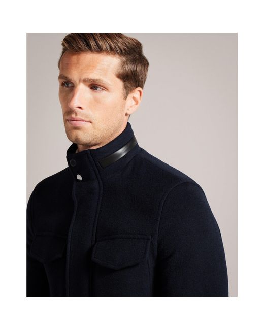 Ted Baker Blue Funnel Neck Overcoat for men