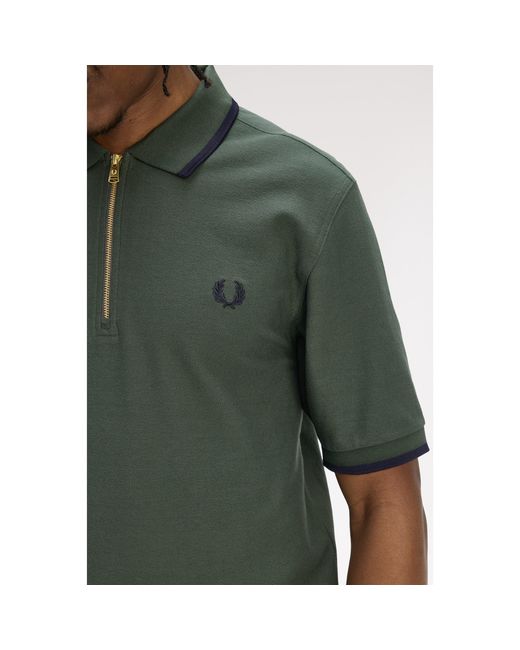 Fred Perry Green Crepe Zipped Short-Sleeve Polo Shirt for men