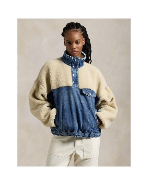 Polo Ralph Lauren Blue Fleece And Denim Funnel Neck Long Sleeve Oversized Fit Sherpa Jacket