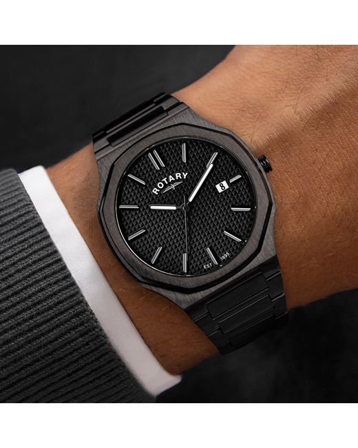 Rotary Black Heritage Octagonal Ss Bracelet Watch for men