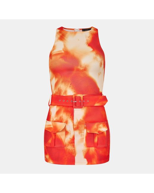 AX Paris Orange Tie Dye Round Neck Belted Skort Cargo Playsuit