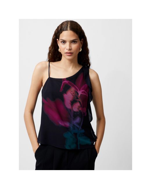 French Connection Purple Eden Frilly Short-Sleeve Patterned Shirt
