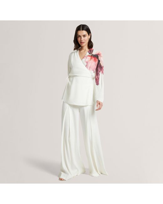 Ted Baker White Print Detail Wrap Front Long Sleeve Blouse