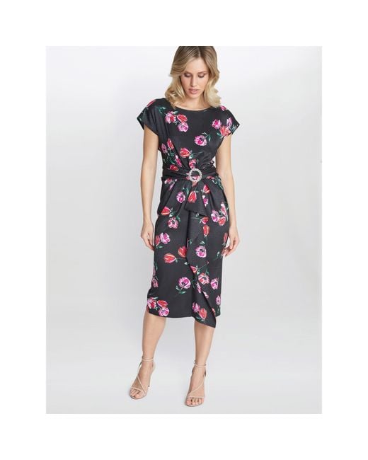 Gina Bacconi Blue Saffron Floral Print Satin Dress