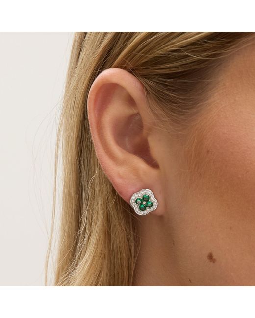 Jon Richard Green Rhodium Plated Crystal And Emerald Clover Studs