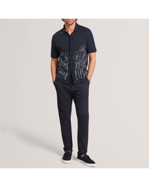 Ted Baker Blue Embroidered Floral Pure Cotton Knit Shirt for men