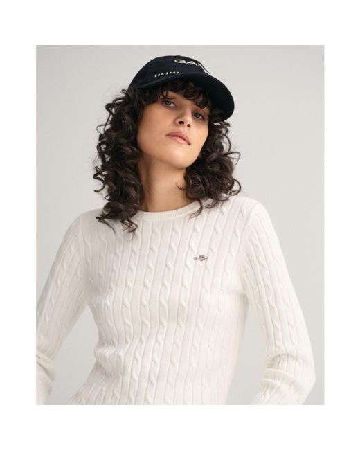 Gant White Stretch Cotton Cable Knit Crew Neck Sweater
