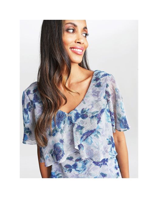 Gina Bacconi Blue Bridget Printed Tiered Dress With Trim