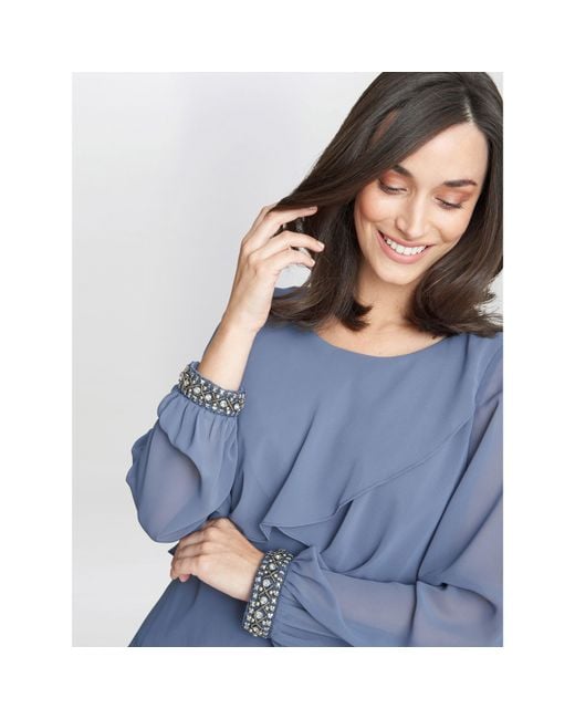 Gina Bacconi Blue Sakura Long Sleeved Tiered Dress