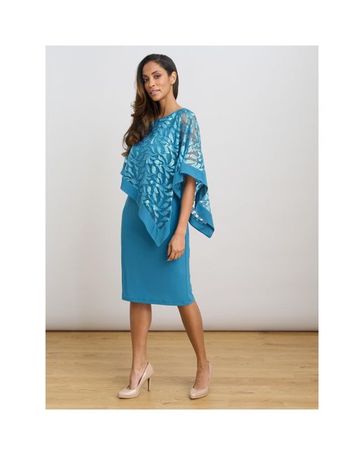 Gina Bacconi Blue Darlene Embroidered Cape Dress
