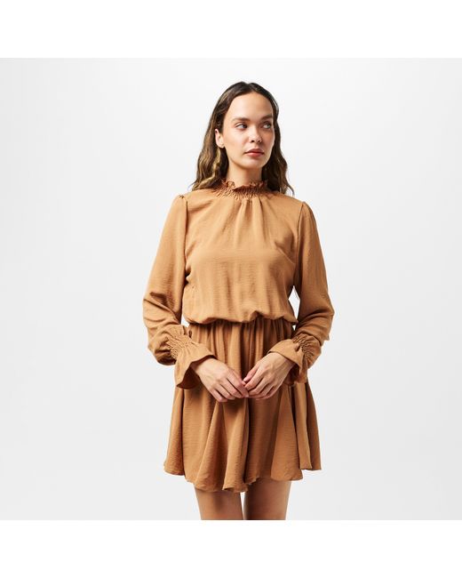 AX Paris Brown Camel High Neck Shirred Detail Skater Dress
