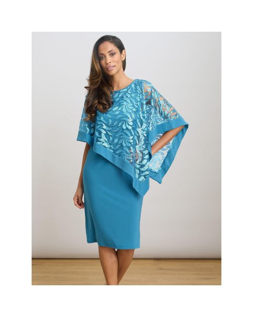 Gina Bacconi Blue Darlene Embroidered Cape Dress