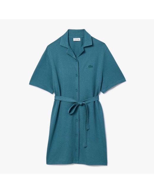 Lacoste Blue Linen And Cotton Belted Shirt Dress