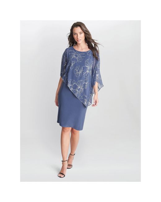 Gina Bacconi Blue Fiona Floral Glittered Asymmetric Dress