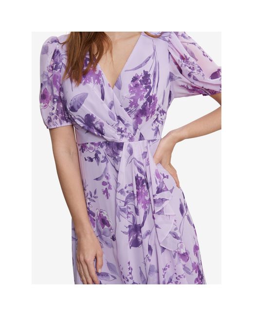 Gina Bacconi Purple Elda Long Printed Short Sleeve Dress