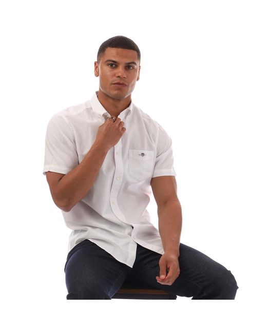 Gant White Regular Fit Cotton Linen Short Sleeve Shirt for men