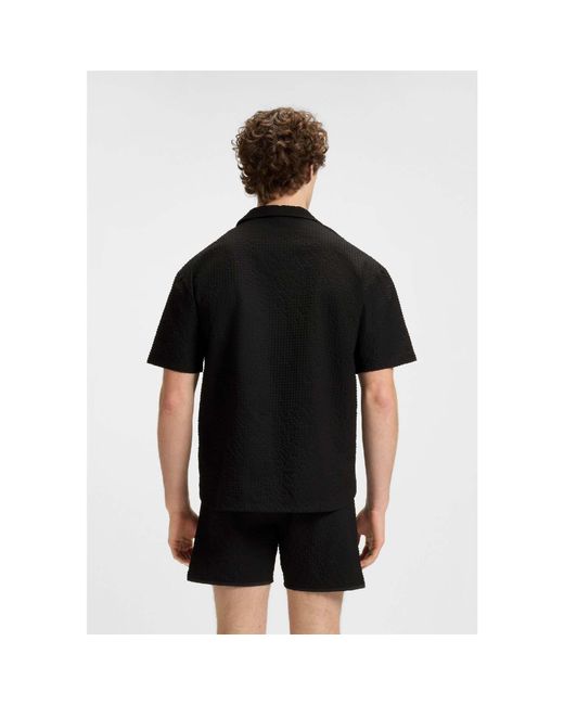 HUGO Black Chaffle Waffle Beach Shirt for men