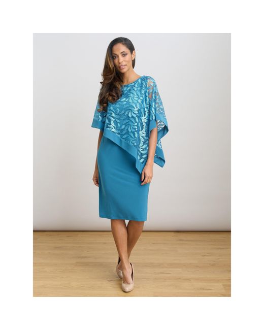 Gina Bacconi Blue Darlene Embroidered Cape Dress