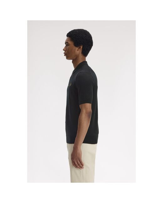 Fred Perry Black Knitted Short Sleeve Polo Shirt for men