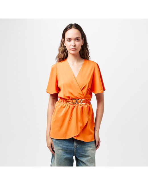 AX Paris Orange Short Sleeve Wrap Belted Top