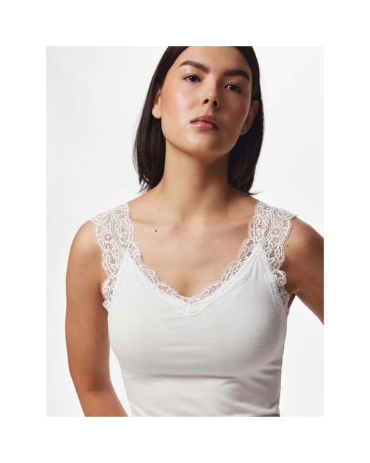 Pieces White Barbera Lace V-Neck Sleeveless Slim-Fit Tank Top