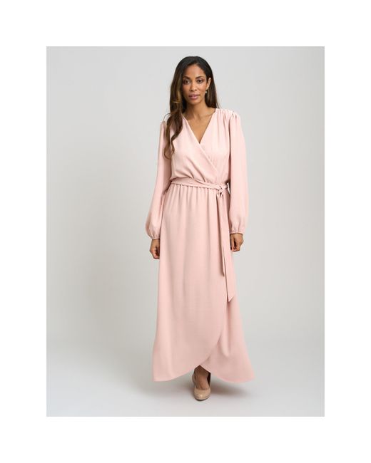 Gina Bacconi Pink Bow Wrap Long Sleeve Maxi Dress
