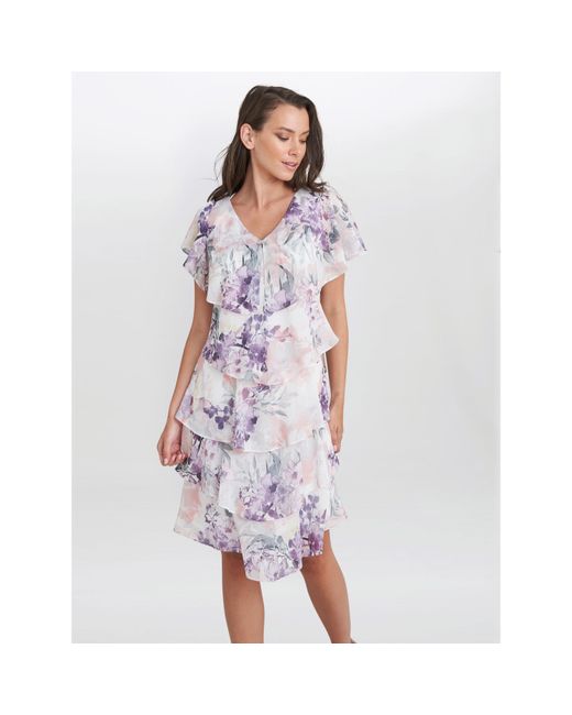 Gina Bacconi White Chloe Floral Print Tiered Dress