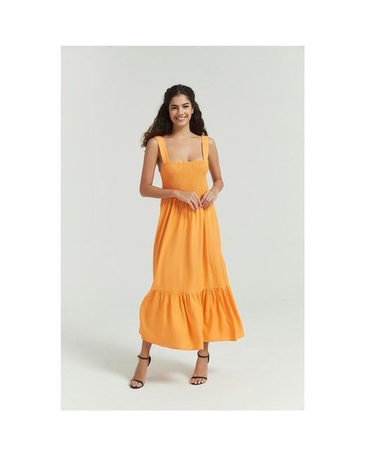 Be You Orange You Linen Shirred Dress