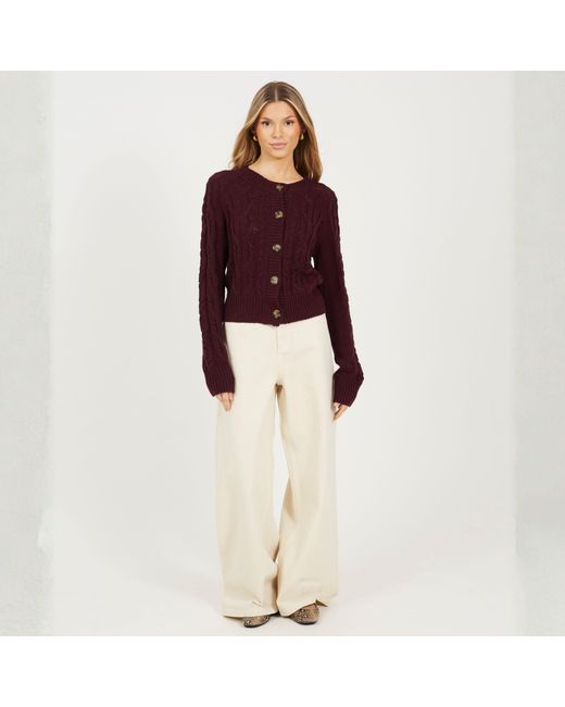 Brave Soul Purple Crew Neck Cable Knit Cardigan With Raglan Sleeve