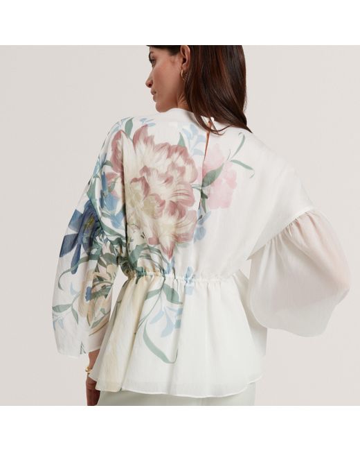 Ted Baker Gray Soft Blooms Puff Sleeve Peplum Top