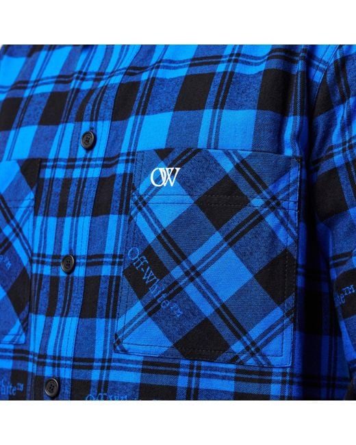 Off-White c/o Virgil Abloh Blue Arrow Plaid Cotton Long Sleeve Embroidered Shirt for men