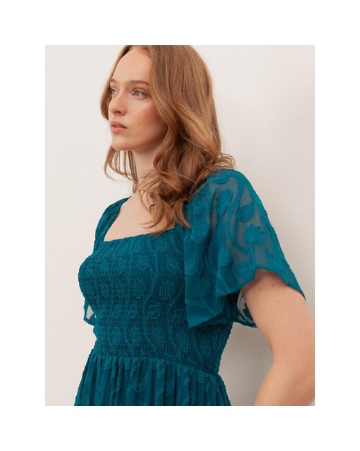 Lovedrobe Blue Floral Burnout Square Neck Shirred Midaxi Dress