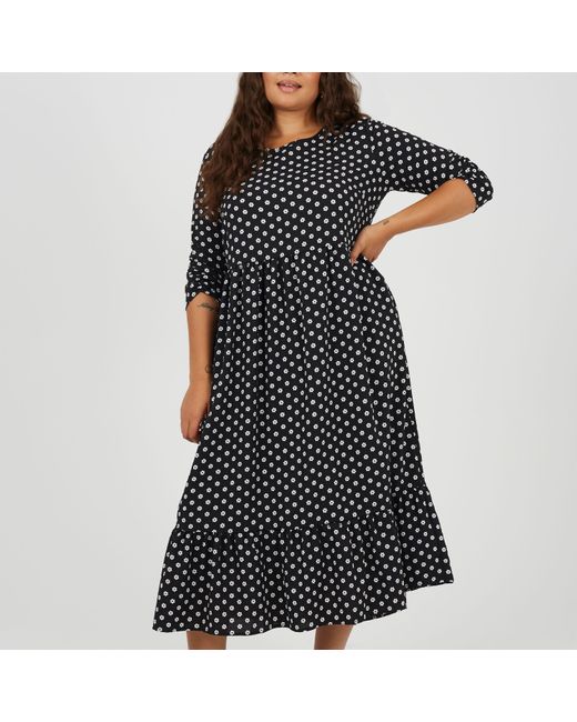 Brave Soul Black Plus Size Polka Dot Midi Dress With Tiered Hem