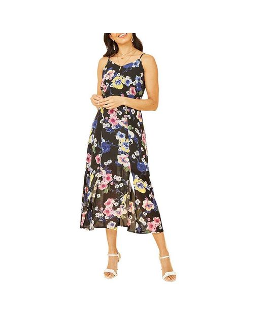 Yumi' Black Floral Strappy Midi Wrap Dress