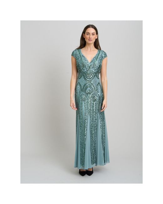 Gina Bacconi Blue Mimsy V Neck Beaded Maxi Dress