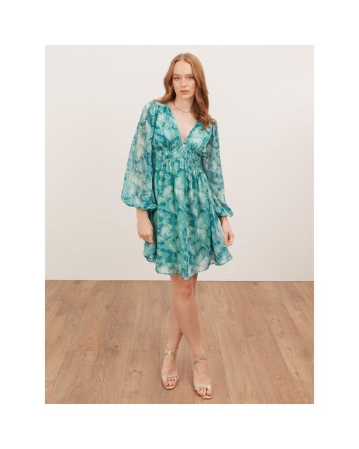 Lovedrobe Blue Abstract Print Maxi Sleeve Shirred Empire Waist Mini Dress