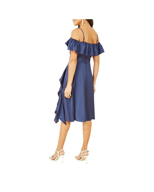 Yumi' Blue Bardot Satin Frill Belted Slip Dress