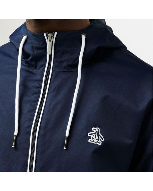 Original Penguin Blue Ratner Waterproof Wind Resistant Hooded Long Sleeve Rain Anorak for men