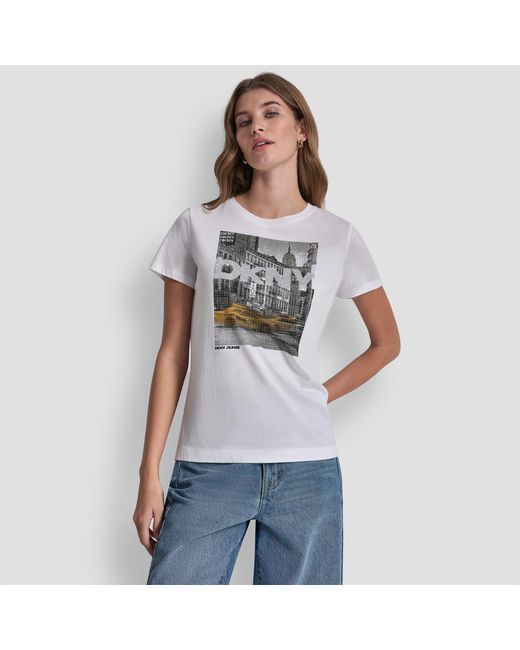 DKNY Gray Rhinestone Taxi Photoreal Logo Crew Neck Tee