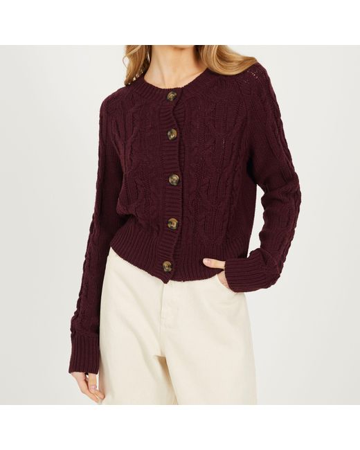 Brave Soul Purple Crew Neck Cable Knit Cardigan With Raglan Sleeve