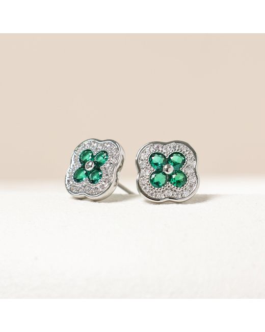 Jon Richard Green Rhodium Plated Crystal And Emerald Clover Studs