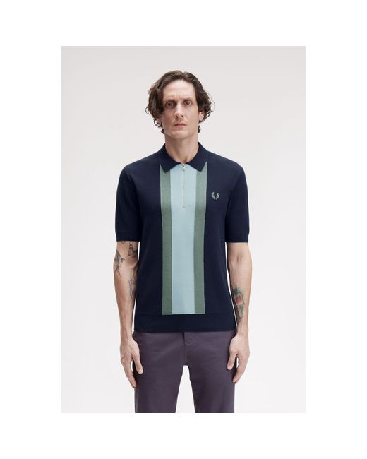 Fred Perry Blue Vertical Stripe Zipped Short-Sleeve Polo Shirt for men