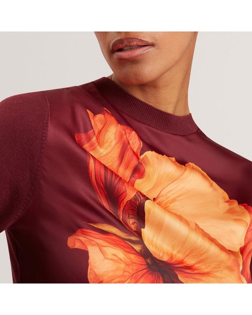 Ted Baker Red Ted Printed Satin Front Fine Knit Top