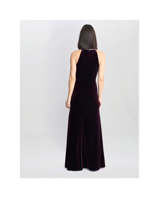 Gina Bacconi Blue Deedee Velvet Halter Keyhole Maxi Dress