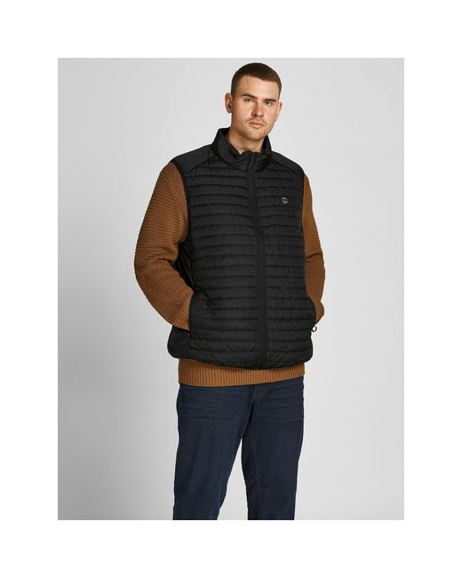 Jack & Jones Black Quilted Full Zip Sleeveless Plus Size Gilet for men